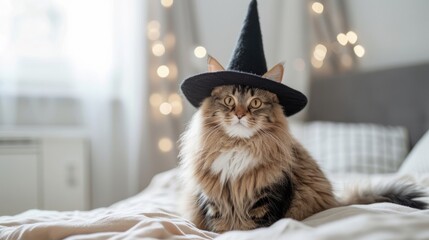 cat sitting in black whitch hat , Halloween decoration on background