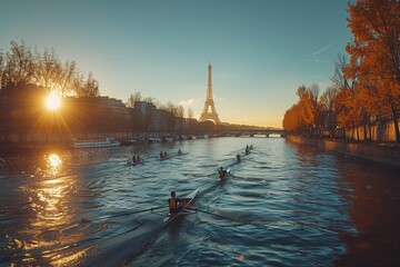 As the sun sets on the tranquil river, a group of rowers glide through the waterway surrounded by towering trees, basking in the warm glow of the sunrise - obrazy, fototapety, plakaty