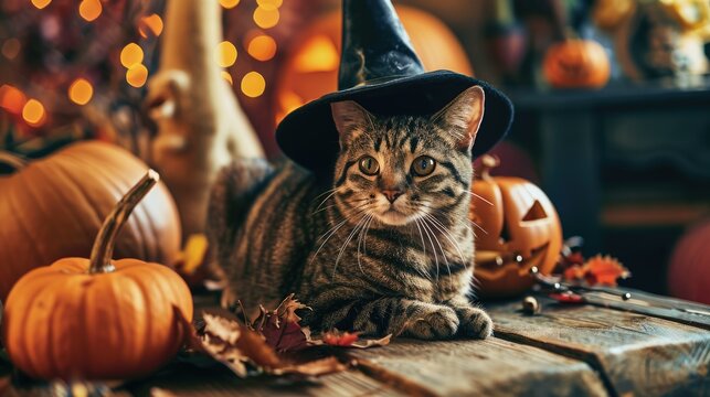 cat sitting in black whitch hat , Halloween decoration on background