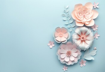 Beautifully crafted paper flowers and leaves arranged symmetrically on a calming pastel blue backdrop
