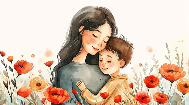 Watercolor illustration of Mom gently hugging son, concept Happy Mother's Day