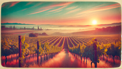 Fototapeta premium Serene Dawn at Vineyard: Vintage Sunrise Charm. A serene dawn that captures the timeless appeal of a vineyard at sunrise, with a retro color scheme enhancing its nostalgia