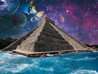Chichen Itza under stars and ocean coming to it, Maya Temple, Mexico