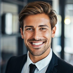 Fototapeta premium Smiling European businessman 20-30 years old, active business man against the background of his office
