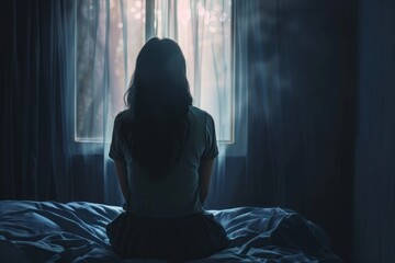 A woman is sitting on a bed with her head down. The room is dark and the curtains are drawn. The...