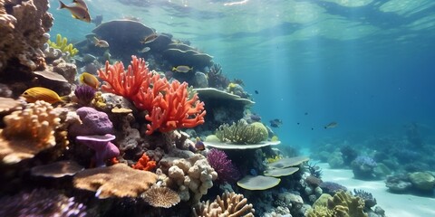 Naklejka na ściany i meble Coral reef underwater, generative AI