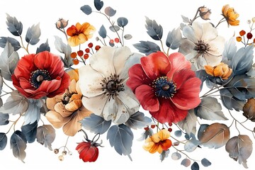 red poppies, watercolor clipart on light.
Concept: background for wedding invitations, greeting cards, wrapping paper, gardening and floristry.