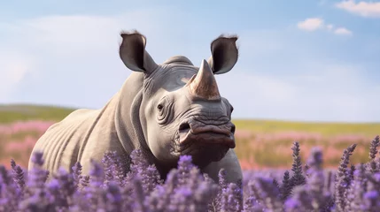 Photo sur Aluminium Lavende Rinoceronte em um campo de lavanda - Papel de parede