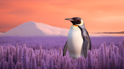 Pinguim em um campo de lavanda - Papel de parede