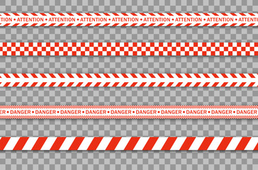 Realistic red barricade tape. Police warning line. Danger or hazard stripe. Under construction sign. Vector illustration. - obrazy, fototapety, plakaty