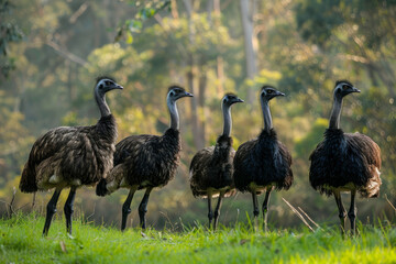 Fototapeta premium A group of ostriches standing in a grassy field. The ostriches are all black and white. Group of Emu birds in the wild