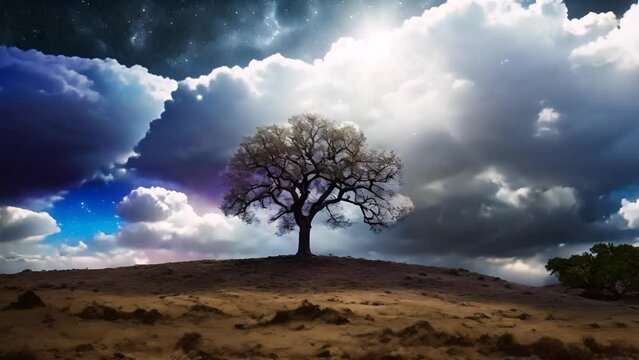 A single tree stands on a hill beneath a cloudy sky, showcasing the beauty of nature amid the backdrop of the Milky Way.