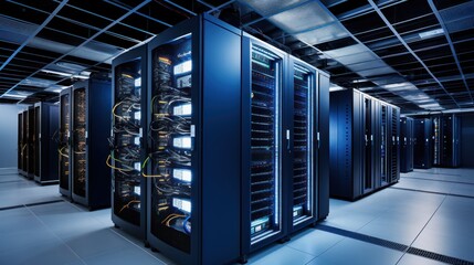 Depict a state of the art data center with rows of server racks, cooling systems, and redundant power supplies