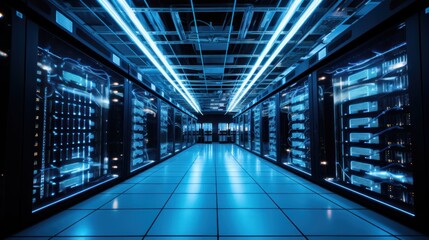 Depict a state of the art data center with rows of server racks, cooling systems, and redundant power supplies