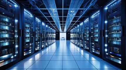 Obraz premium Depict a state of the art data center with rows of server racks, cooling systems, and redundant power supplies