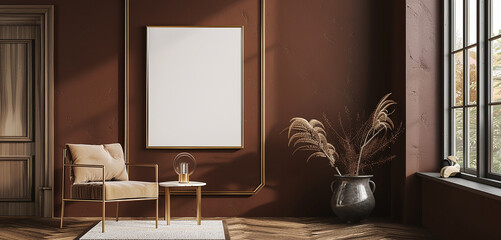 A modern gold frame mockup on a rich chocolate brown backdrop, infusing warmth and luxury into the room, creating a cozy and indulgent atmosphere.