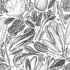 Green Vegetable Seamless Vector Pattern. Vector Hand Drawn Healthy Leaf Salad Background. Vintage Style Menu Illustration.