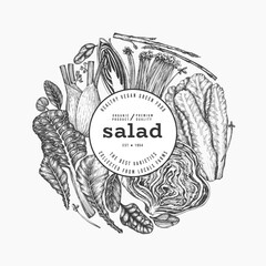 Green Vegetable Design Template. Vector Hand Drawn Healthy Leaf Salad Banner. Vintage Style Menu Illustration. - 763522544