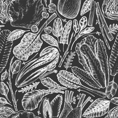 Green Vegetable Seamless Pattern. Vector Hand Drawn Healthy Leaf Salad Background. Vintage Style Menu Illustration On Chalk Board. - 763522549