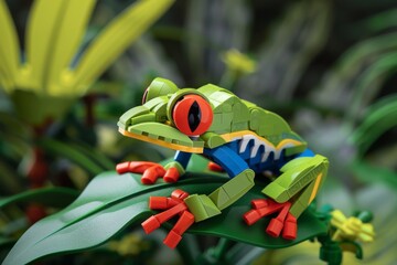 block made colorful frog on leaf