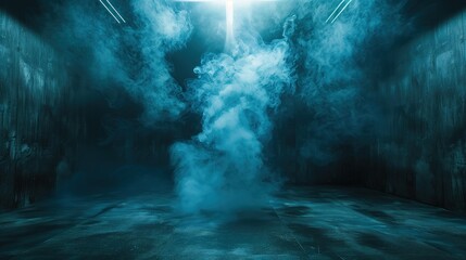Blue Smoke and LED Light in Empty Dark Photography Space, 