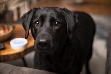 A black Labrador ritri looks closely in the eyes.