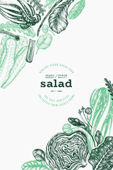 Green Vegetable Design Template. Vector Hand Drawn Healthy Leaf Salad Banner. Vintage Style Menu Illustration. - 763522571