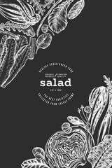 Green Vegetable Design Template. Vector Hand Drawn Healthy Leaf Salad Banner. Vintage Style Menu IllustrationOn Chalk Board. - 763522576