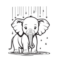Beautiful hand-drawn vector illustration of funny elephant under the rain isolated on a white background for coloring book for children