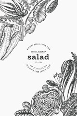 Green Vegetable Design Template. Vector Hand Drawn Healthy Leaf Salad Banner. Vintage Style Menu Illustration. - 763522586