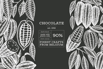 Cocoa Chalk Board Vector Banner Template. Chocolate Retro Cocoa Beans Background. Vintage Style Hand Drawn Illustration.