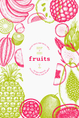 Tropical Fruit Design Template. Vector Hand Drawn Exotic Fruit Banner. Vintage Style Menu Illustration. - 763522701
