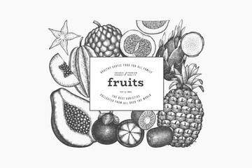 Tropical Fruit Design Template. Vector Hand Drawn Exotic Fruit Banner. Vintage Style Menu Illustration. - 763522711