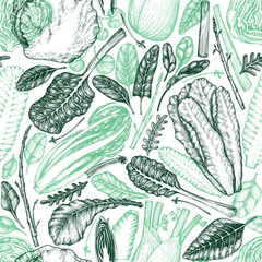 Green Vegetable Seamless Vector Pattern. Vector Hand Drawn Healthy Leaf Salad Background. Vintage Style Menu Illustration. - 763522716