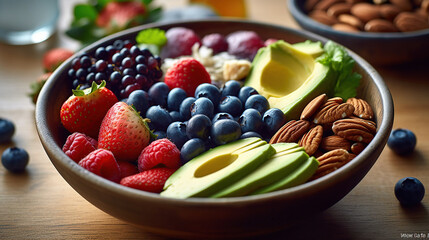 Healthy breakfast bowl with strawberries, blueberries, raspberries, blueberries, avocado, almonds...