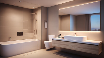 Fototapeta na wymiar Luxurious Bathtub in a Contemporary Bathroom with Soft Lighting