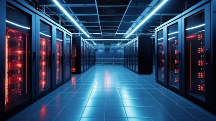 Depict a state of the art data center with rows of server racks, cooling systems, and redundant power supplies