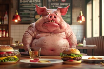 A cartoon pig is sitting at a table with a hamburger and a hot dog. The pig is overweight and has a big belly