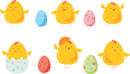 set of easter eggs and yellow chickens