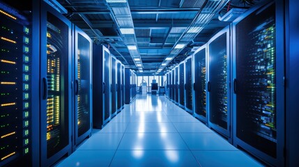 Depict a state of the art data center with rows of server racks, cooling systems, and redundant power supplies