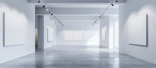 exhibition showroom. white modern room with various frames mock up with spotlight lighting. 