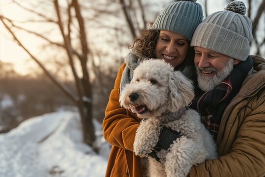 A couple braves the winter weather as they lovingly embrace their furry companion, a beautiful dog breed, in the snowy outdoors