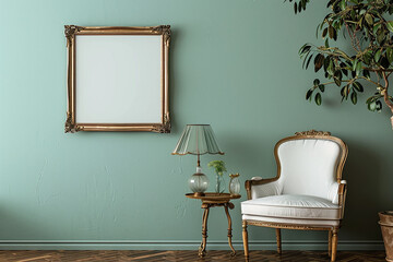 Hanging on a calming seafoam green wall, a chic empty frame mockup infuses the space with...