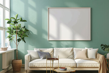 Hanging on a calming seafoam green wall, a chic empty frame mockup infuses the space with tranquility and freshness. Its subtle elegance adds a touch of sophistication to any room,  