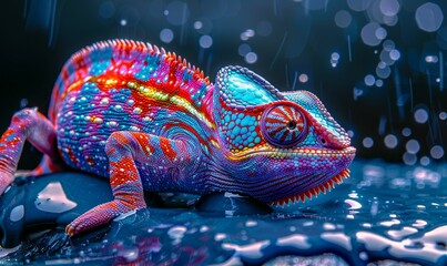 Vibrant Chameleon on Abstract Paint Splatter Background. Generative ai