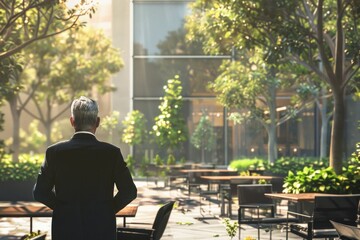 A man in a suit is standing in front of a building with a large window. The scene is set in a park...