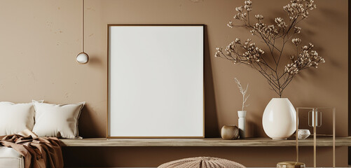 A chic copper frame mockup on a muted taupe wall, blending earthy tones with metallic accents to...