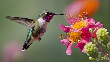 A graceful hummingbird hovering mid-air, sipping nectar from a cluster of colorful flowers.