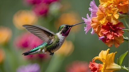A graceful hummingbird hovering mid-air, sipping nectar from a cluster of colorful flowers. - obrazy, fototapety, plakaty