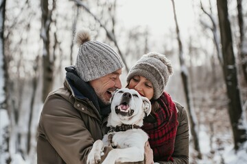 A couple braves the wintry weather to take their beloved dog out for a snowy adventure in the great outdoors